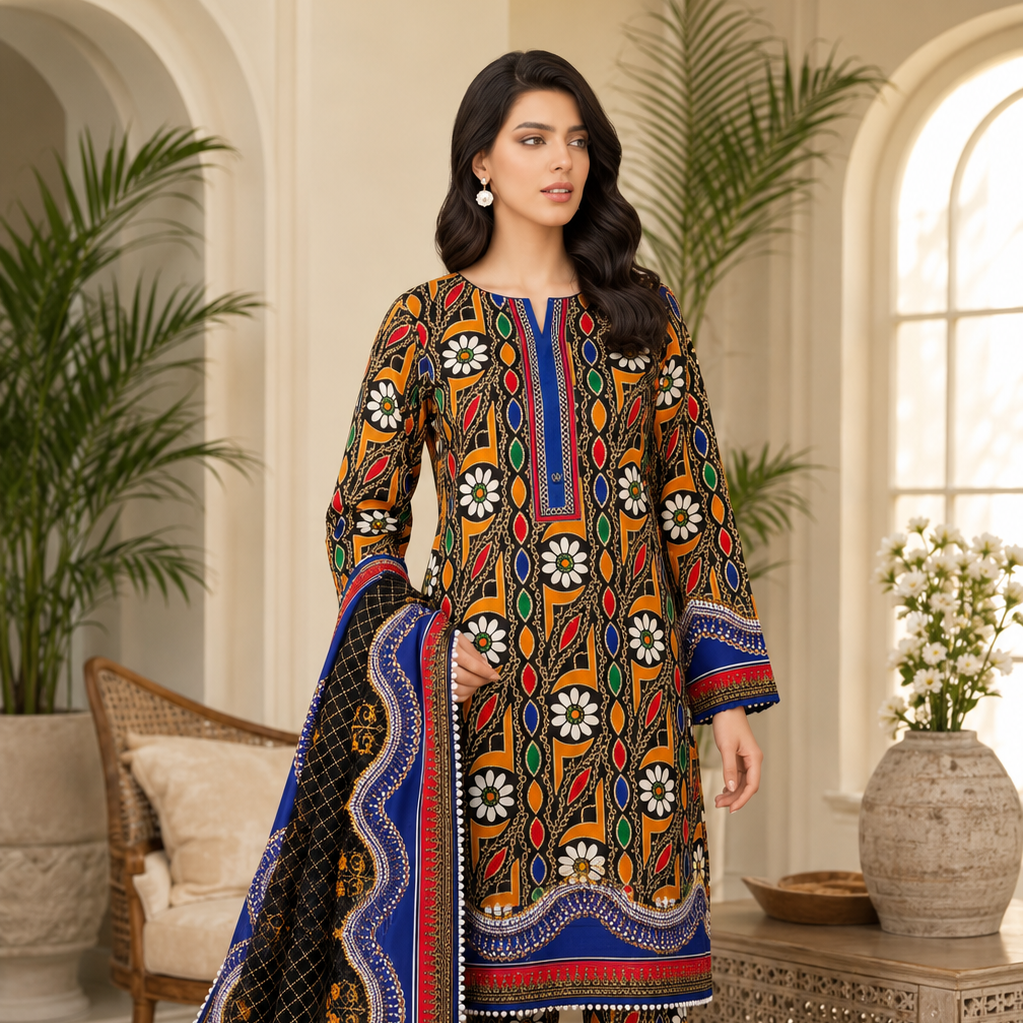 Swiss Lawn Unstitched 3 Piece Suit - A1801